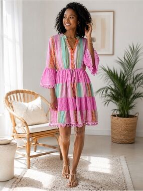 Tiered Mini Dress in Aqua and Pink Stripes